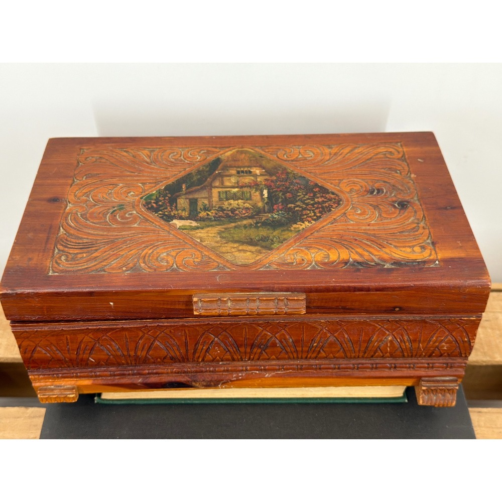 Vintage Cedar Wood Jewelry‎ Box Hand Carved Cottage Landscape Keepsake Chest